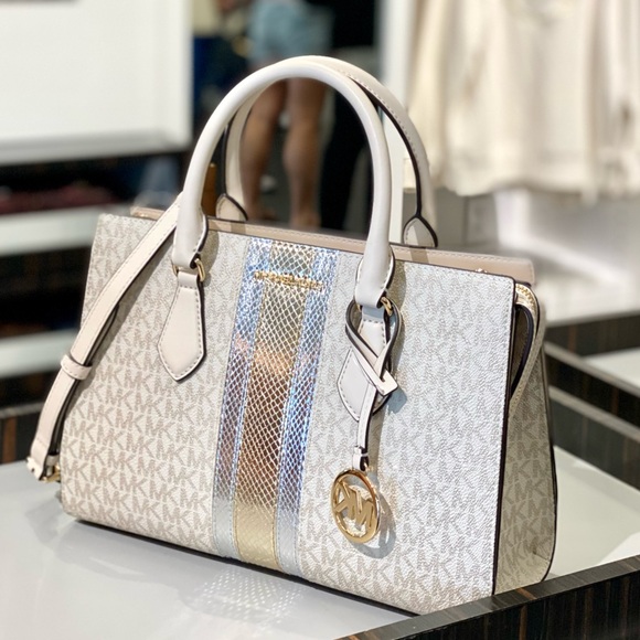 Michael Kors Sheila Medium Signature Logo and Metallic Satchel Crossbody - Picture 7 of 16